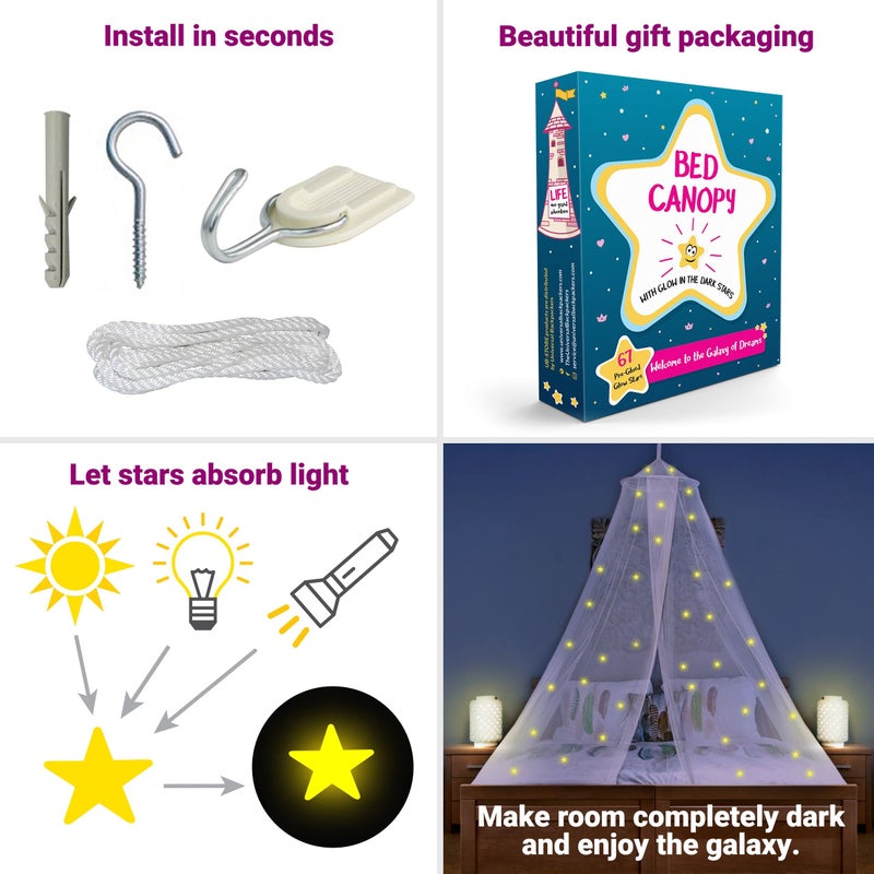 UB-STORE Canopy for Girls Bed with Pre-Glued Glow in The Dark Stars - Princess Mosquito Net Room Decor - Kids & Baby Bedroom Tent with Galaxy Lights - 1 Opening Canopy Bed & Hanging Kit Included - Image 5